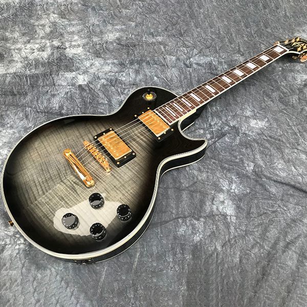 

chinese electric guitar transparent black gold hardware flame maple 6 strings2589