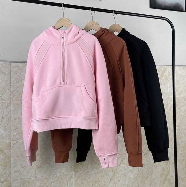 

designer new embroidered short suit half zip sweater plush thickened pullover loose hooded sports coat for women lululemens women pink, Black;brown