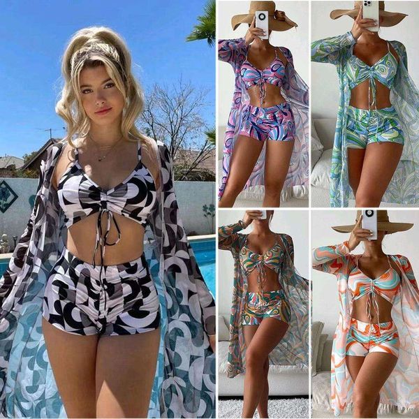 

swimsuit womens split three piece set high waist long sleeves blouse internet celebrity drawstring bikini, White;black