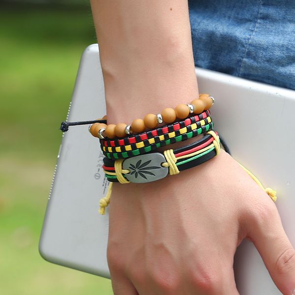 

jamaica set red yellow green woven cowhide bracelet diy leather jewelry hiphop street dance, Golden;silver