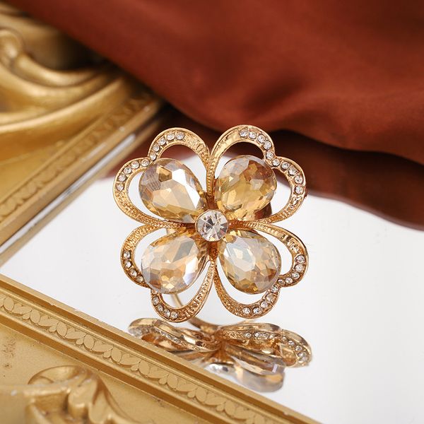 

exaggerate personality four love flowers, water diamond glass open ring, Golden;silver