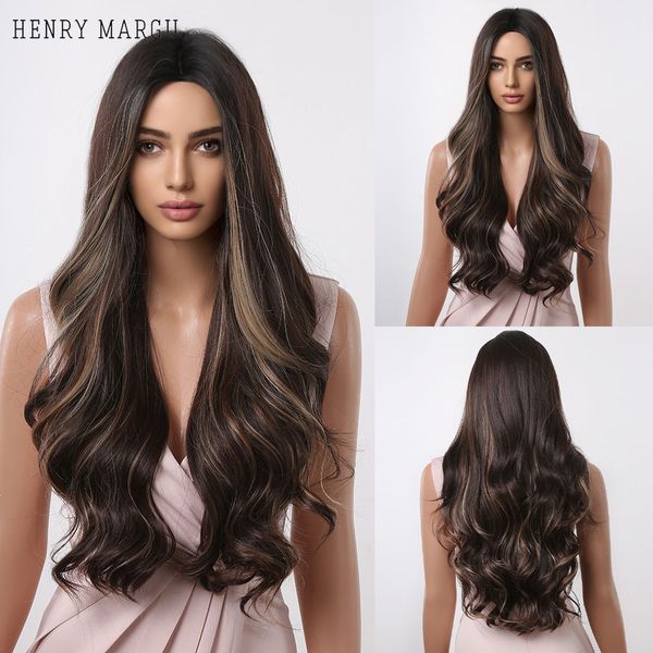 

natural long wave synthetic wig brown blonde mixed wig for black women middle part cosplay party hair heat resistantfactory dir