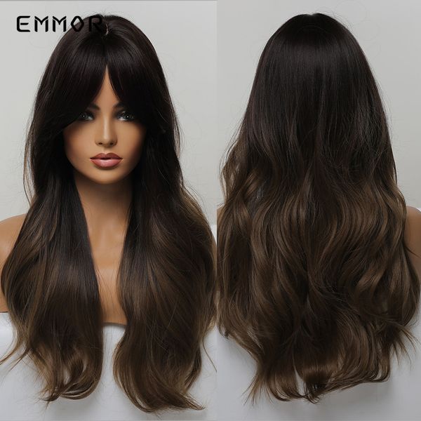 

synthetic long wavy natural ombre brown to dark blonde with bangs wigs for women high temperature fiber body wave wigsfactory d, Black