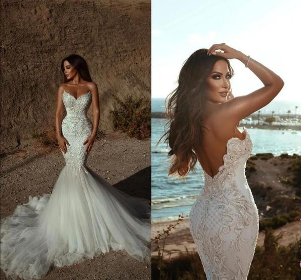 

strapless mermaid wedding dresses beackless beach sweep train bridal gown, White