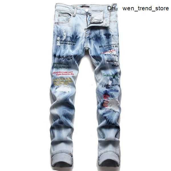 

2023 designer mens jeans pants ripped high street fashion brand pantalones para motorcycle embroidery 9uqc, Blue
