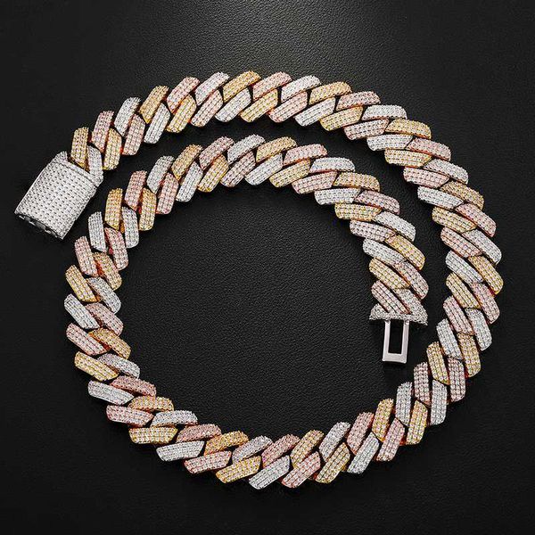 

pass diamond tester 20mm 3 tones 14k 18k gold plated 925 sterling silver lab vvs moissanite iced out cuban link chain