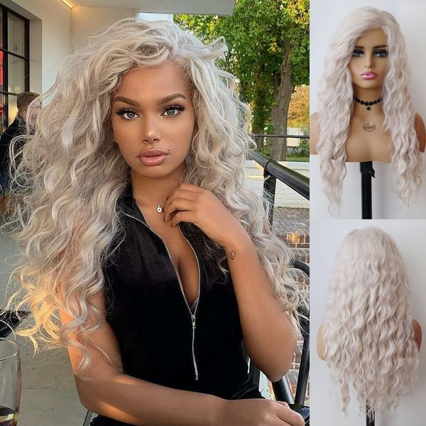 

26 long curly wig synthetic platinum blonde pink wig cosplay for woman water wave hair natural blend wig with bangsfactory direct, Black