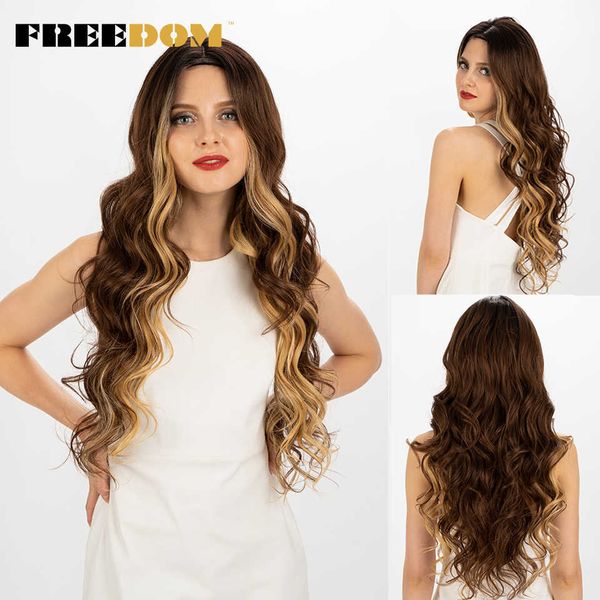 

13x4 lace front wig synthetic wigs for black women 30 inch long natural wavy blond rainbow color cosplay wigs 230524, Black;brown