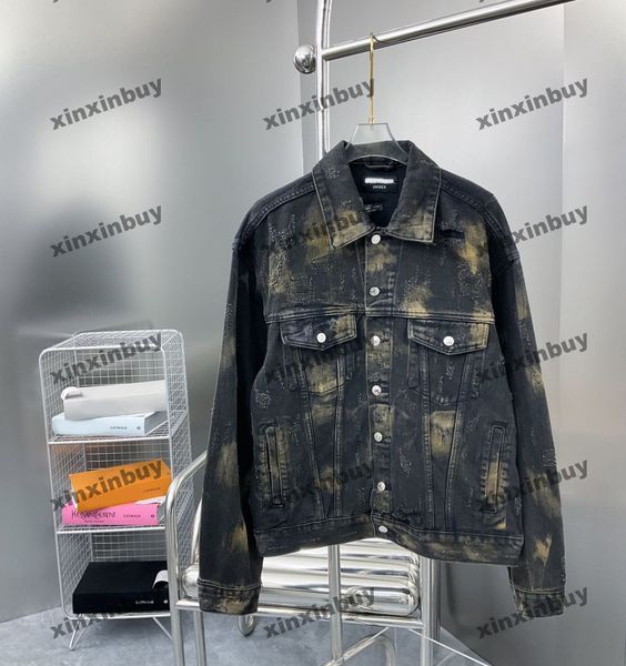 

xinxinbuy men designer coat jacket paris destroyed denim long sleeve women blue black white s-xl, Black;brown