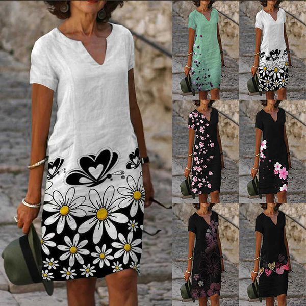 

2023 floral printed cotton linen short sleeved v-neck mid length dress knee-length casual dresses, Black;gray