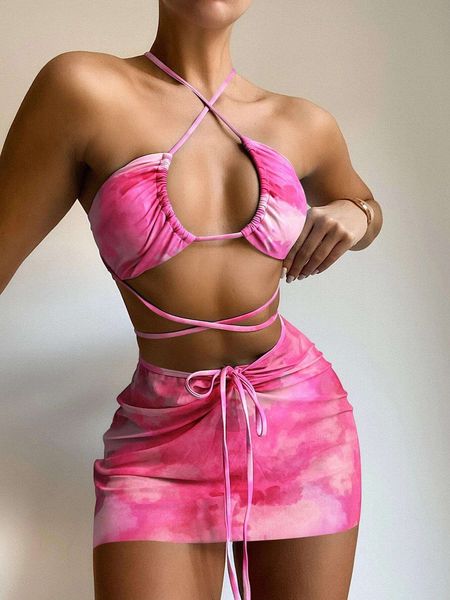 

swimwear blooming three piece bikini lacing female skirt style split swimsuit, White;black