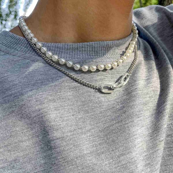 

geometric design imitation pearl necklace men personality hip hop style men same creative jewelry accessories gift, Silver