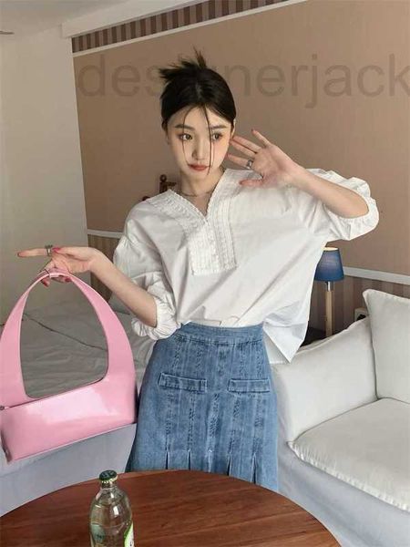 

women's blouses & shirts designer high end summer simple exquisite lace decoration design white v-neck shirt zp9i
