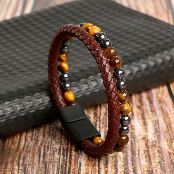 

double layered natural stone leather bracelet jewelry for men gift, Golden;silver