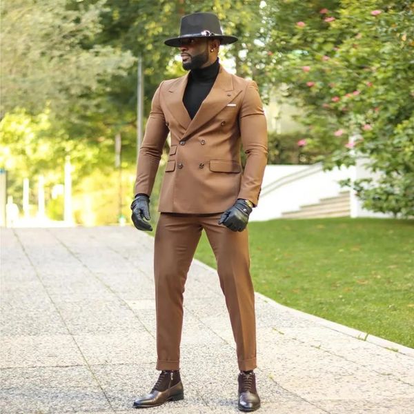 

new brown mens suits peaked lapel male tuxedos for wedding blazers slim fit groom wear double breasted men prom jackets with pants, Black;gray