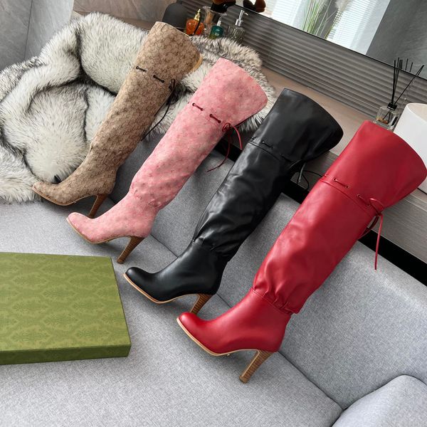 

thigh high boots luxury designer sheepskin classic printed fabric women shoes thin heel pleated inside zip over-the knee bootie 9cm high hee, Black