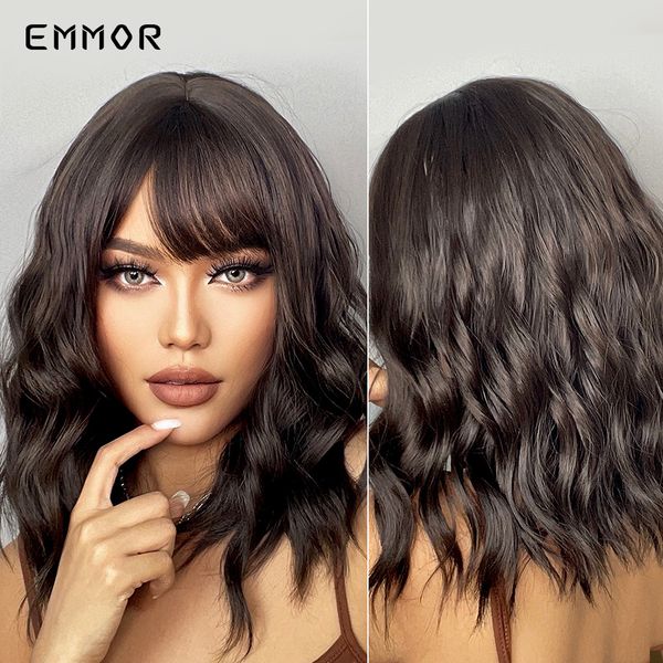 

synthetic black brown wigs for women with bangs fluffy dark brown wavy wig party daily heat resistant fibre hair wigsfactory di