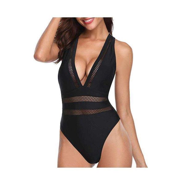 

one piece swimsuit womens v neck hollow mesh bikini, White;black
