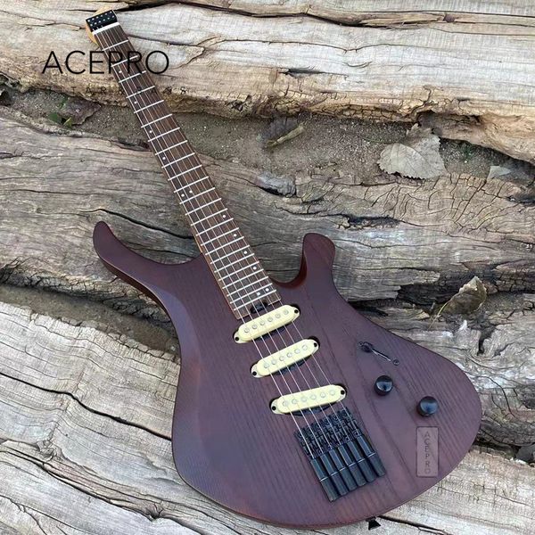 

acepro headless electric guitar dark brown color ash body stainless steel frets roasted maple neck 3 single pickups guitarra