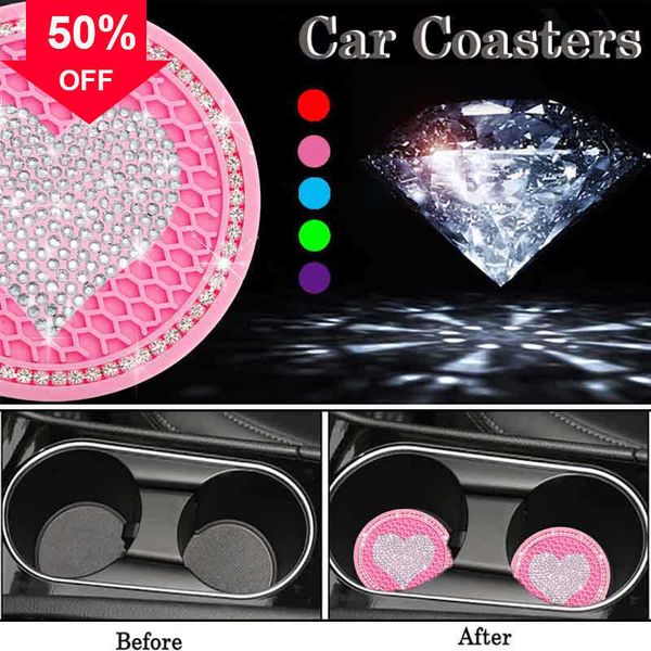 

new new heart shape car diamond non-slip coaster water cup slot mat silica pad cup holder mat auto decoration car interior accessories