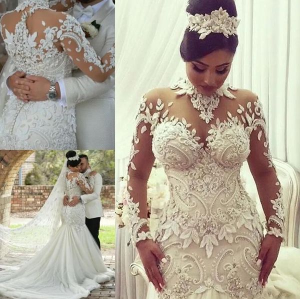 

dubai high-neck mermaid wedding dresses bridal gowns sheer long sleeves beaded lace applique wedding gown tulle long bridal dress, White