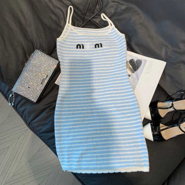 

casual designer miu knitted halter dress strip bikini print temperament slim skirt teddy dresses for woman women t shirt tees, Black;gray
