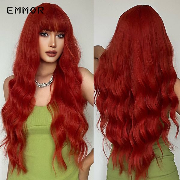 

synthetic long wavy wig natural dark red wavy wig for women cosplay daily wig with bangsfactory direct, Black