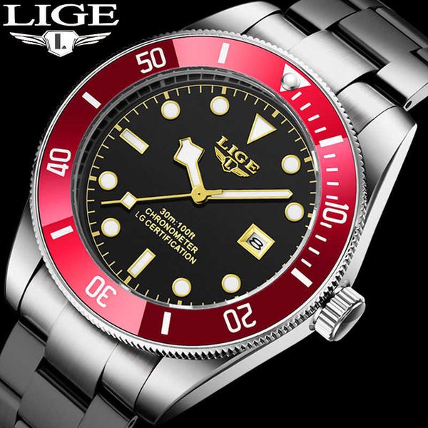 

lige new fashion mens watches brand luxury quartz watch for men stainless steel waterproof sport wristwatch clock+box 230605, Slivery;black