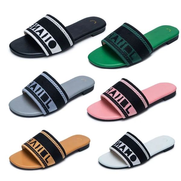 

pairs designer slides women embroidered fabric slide sandals summer beach walk slippers fashion low heel flat slipper luxury shoes size 37-4