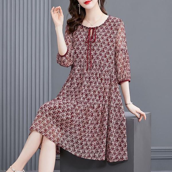 

high class floral dress female 2023 summer new women dress lightweight loose o neck short sleeve high-grade dress female, White;black