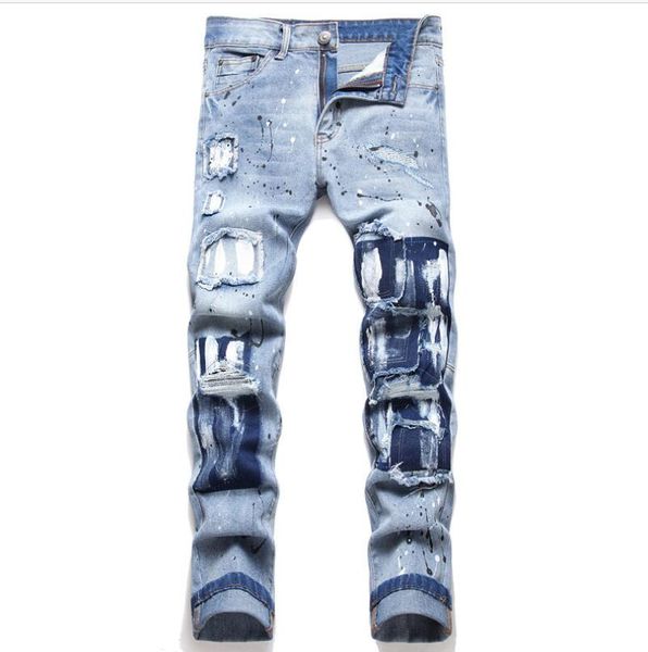 

new designer mens jeans hip hop denim jeans straight patchwork jeans fashion brand clothing plus size bp421, Blue