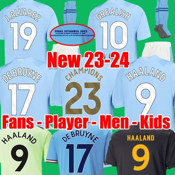 

haaland soccer jerseys mans cities kits grealish bernardo mahrez erling 23 24 jersey de bruyne foden rodrigo kit kids football shirt manches, Black;yellow