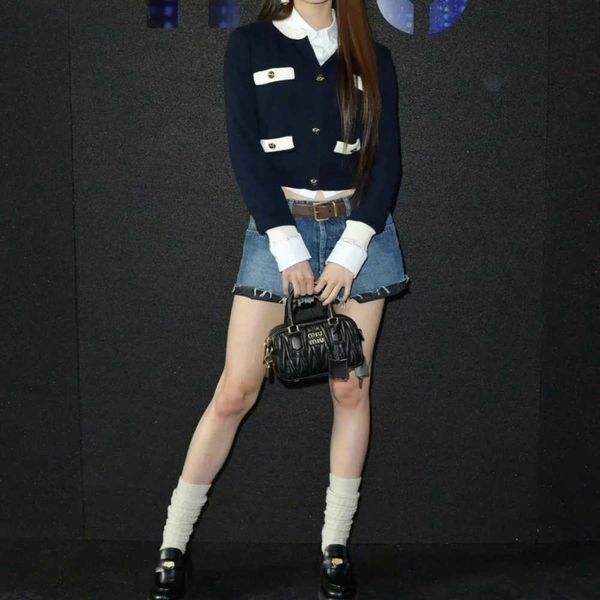 

2023 women's sweaters crew necklong sleeve gold button dark blue with white stitching, Black;gray