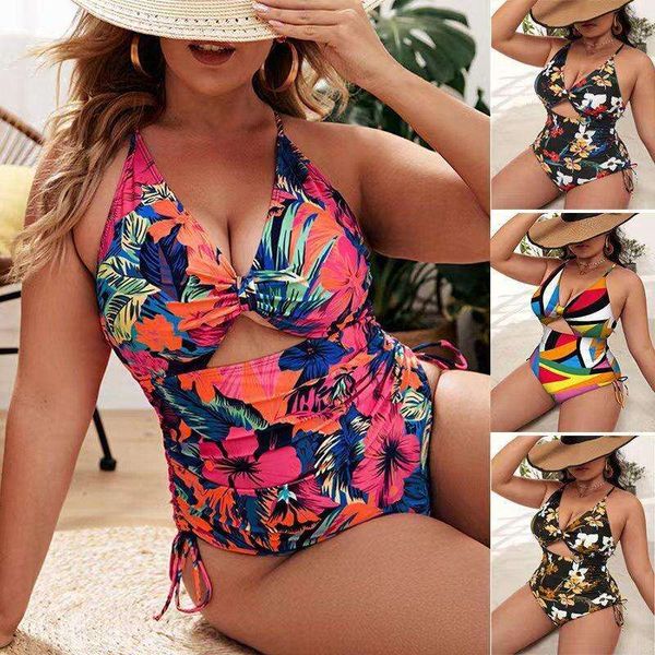

large size fat woman one piece bikini digital printing drawstring lace push up halter swimsuit women, White;black