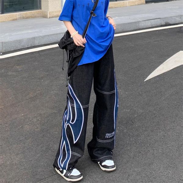 

men's jeans 2023 dark streetwear graphic print pantalones y2k hombre straight hip hop gothic denim trousers black baggy for men pants, Blue