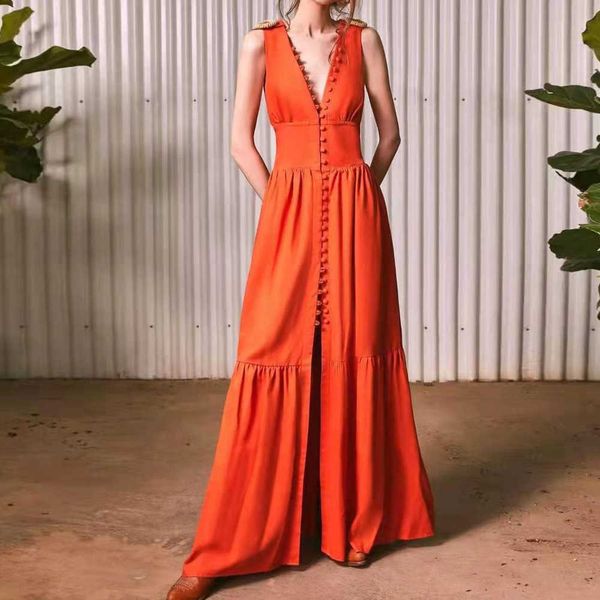 

2023 vintage ladies v-neck gathered waist sleeveless long dress, Black;gray
