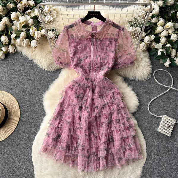 

2023 casual dresses high qulity luxury design runway summer dress women beading doll collar mesh splicing floral layer cake short vestidos, Black;gray