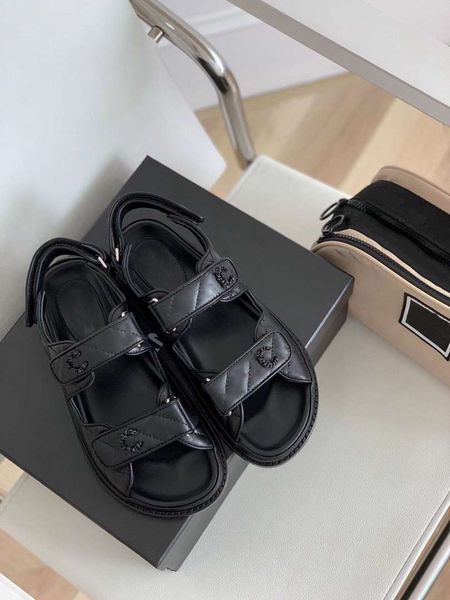 

leather fashion sandal ccity channel flats shoes women leisure designer slide outdoor slipper women flat bottom comfort sand beach sandals x, Black