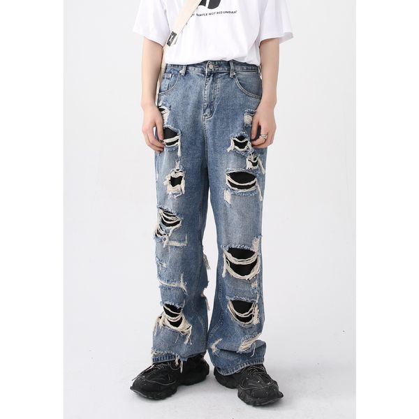 

godlikeu mens designer ripped jeans blue ripped fashion loose streetwear denim trouser