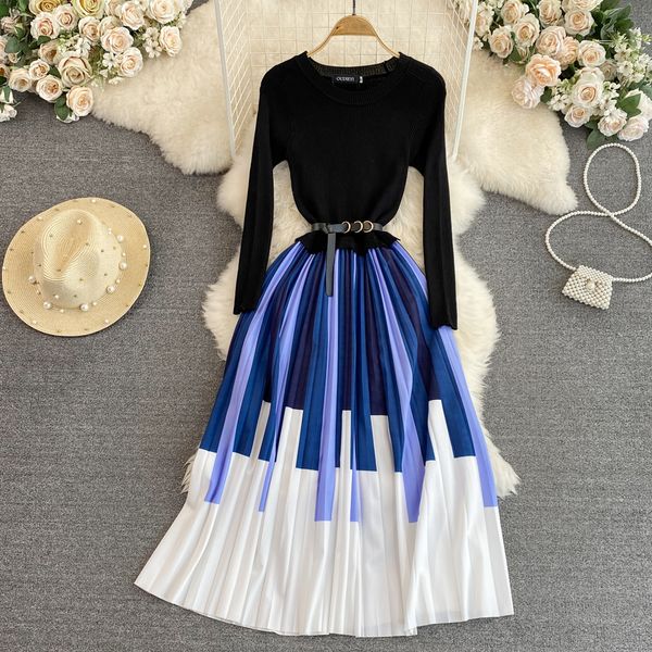 

2023 casual dresses autumn knitted patchwork pleated one piece dress women long sleeve sweater dress office lady stripe print midi, Black;gray