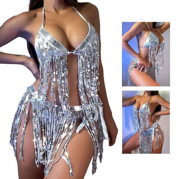 

swimsuit women flash cloth tassel split bikini, White;black