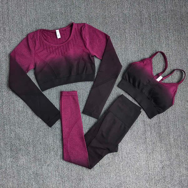 

women's tracksuits ombre women yoga set workout long sleeve crop sports bra seamless leggings gym clothing fitness sportswear suits, Gray