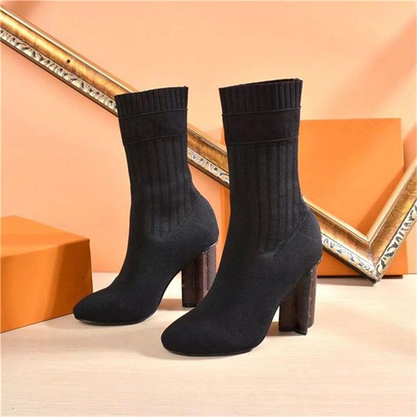 

women designer ankle sock boots mesh accent stretch fabric silhouette high heels woman desert classic winter ladies martin sneakers size 35-, Black