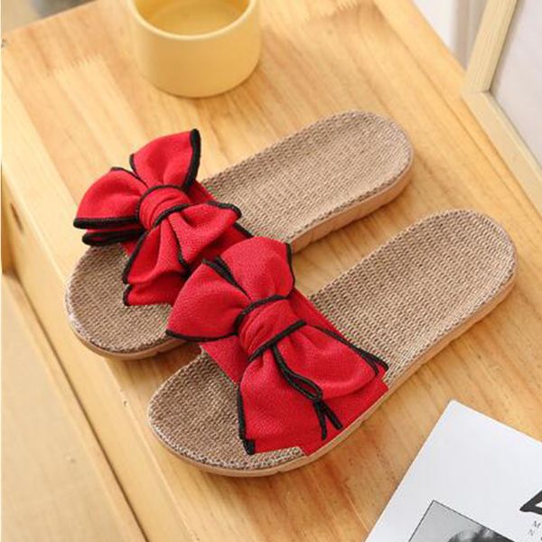 

women summer casual slides comfortable white black pink red flax slippers striped bow linen flip flops platform sandals ladies outdoor shoes