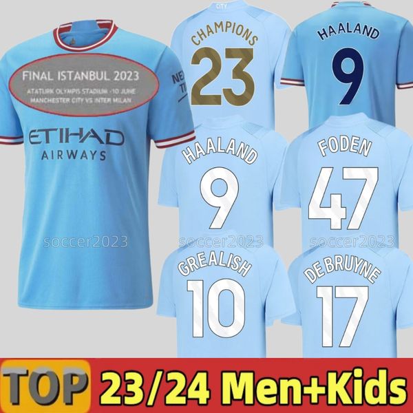 

haaland soccer jersey 22 23 24 de bruyne mans cities grealish mahrez foden 2023 football shirt uniforms men kids kit sets alvarez fans playe, Black;yellow