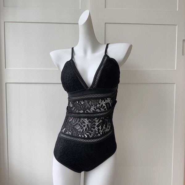 

luxury designer black and white lace one piece swimsuit, Black;gray