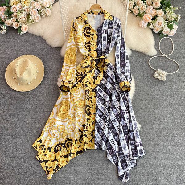 

2023 casual dresses spring autumn colorblock irregular shirt dress women's turn down neck long sleeve vintage print button up sashes mi, Black;gray