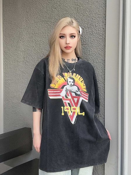 

4yg6 new style t-shirts for men and women fashion designer saint michael angel head print vintage wash old high street loose short sleeve, White;black