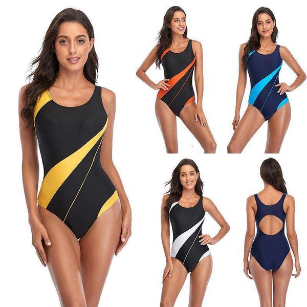 

competitive swimsuit slanted stripe color matching three dimensional fashion sports siamese triangle womens, White;black