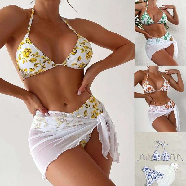 

printed three piece set bikini split swimsuit womens fashion mesh, White;black